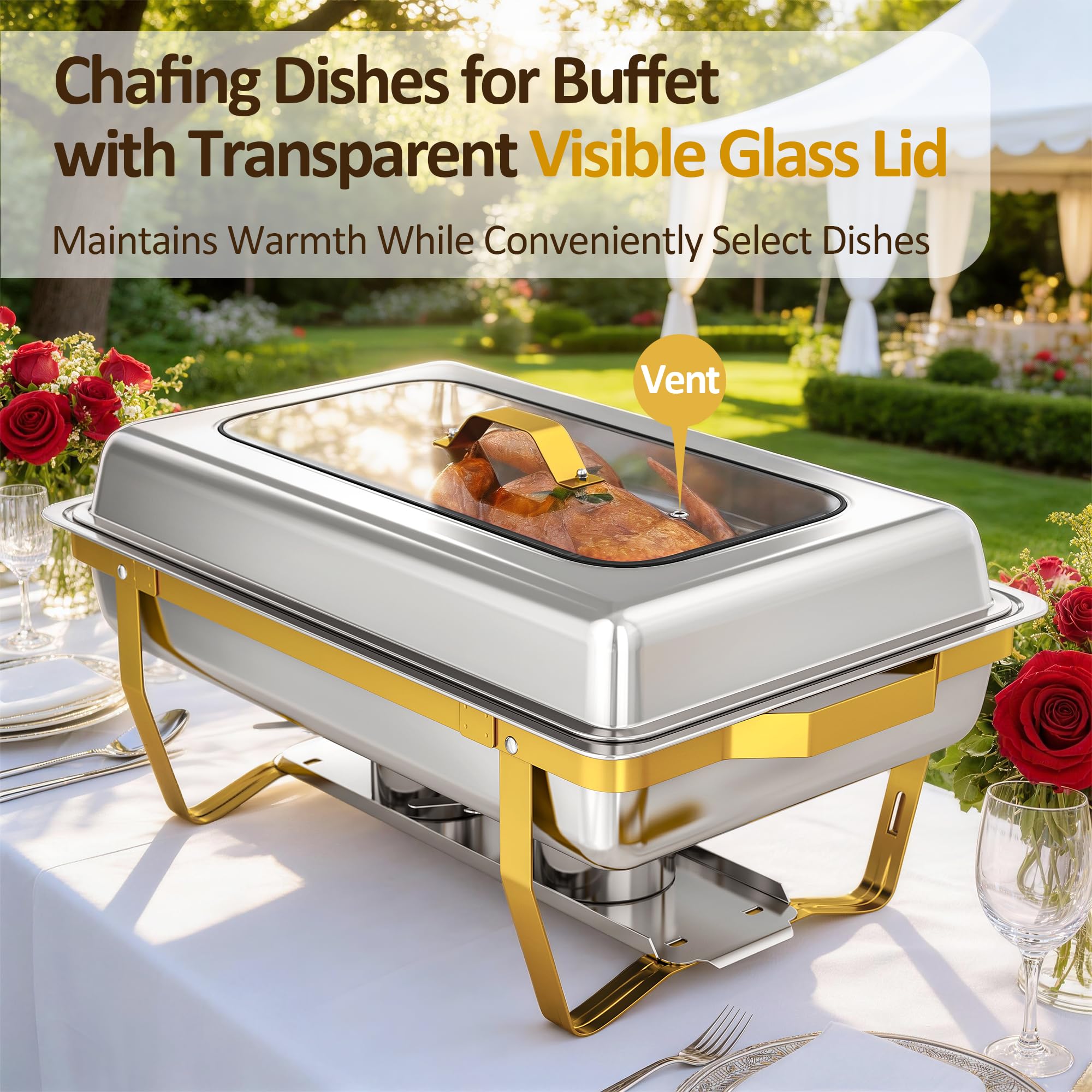 Set da 2 Vasi Riscaldanti Dorati con Finestra Trasparente, 8,5L Rettangolari per Buffet con Supporto Pieghevole, Scaldavivande in Acciaio Inossidabile per Feste ed Eventi di Catering