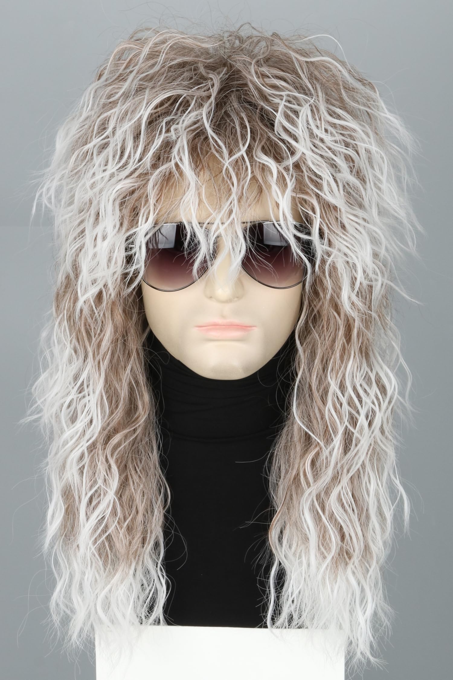 LeMarnia 80s Wigs for Men Brown White Long Wavy Rocker Mullet Wigs for Halloween Costume Party Wig