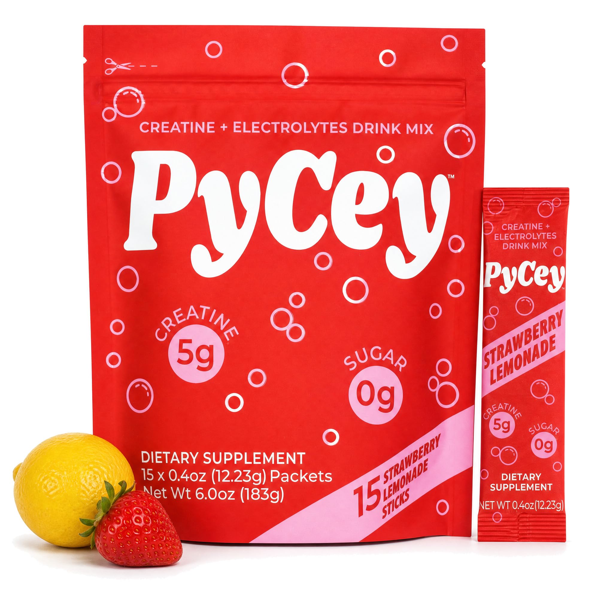 PyCey Creatina com Eletrólitos, sabor Strawberry Lemonade, 5 g de monohidrato de creatina, 15 sachês