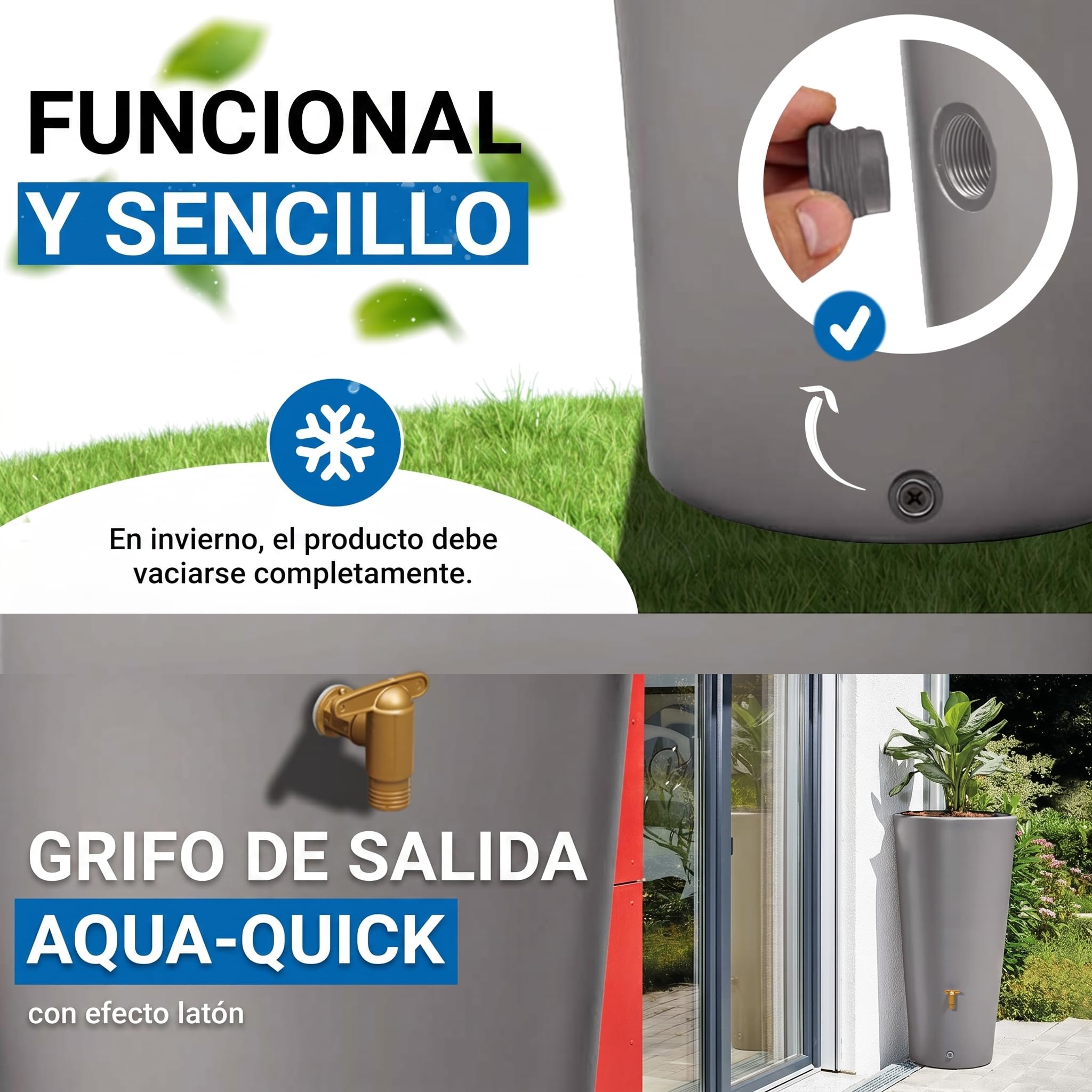 4rain Vaso 2en1 Barril para Agua de Lluvia 220 L Gris Zinc Incl. Grifo de Salida de plástico y conexión al bajante - depósito Decorativo Exterior - llenado filtrante automático - riego sostenible | y conector de bajante moderno barril de lluvia para jardí