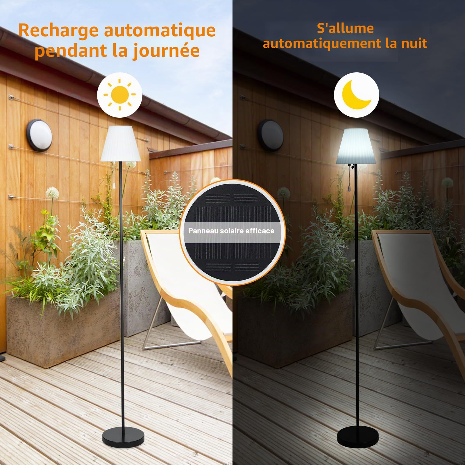 Lixada Lampadaire solaire extérieur, capteur lumière, intensité variable, blanc chaud, RVB, IP65 étanche, recharge USB, intérieur, terrasse, jardin