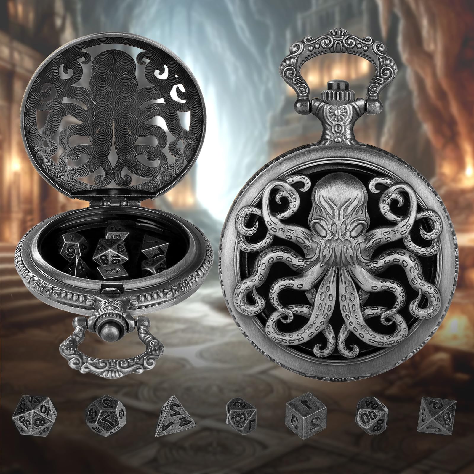 Mini gra w kości DND, DND gra w kości z wydrążonym Steampunk Ośmiornica Kieszonkowy zegarek