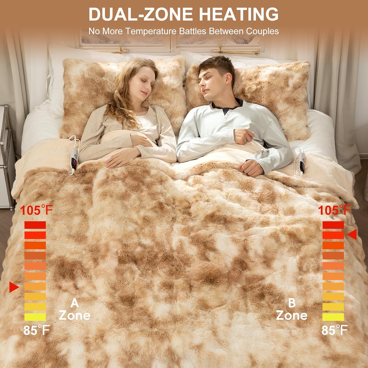 Faux Fur Electric Blanket King Size 100"X90" - Bubble Faux Fur Heated Blanket Fluffy Soft Thick with 6 Heating Levels & 10 hrs Timer Settings, Washable & ETL Certified for Bed, Tie-Dye Beige - Image 4