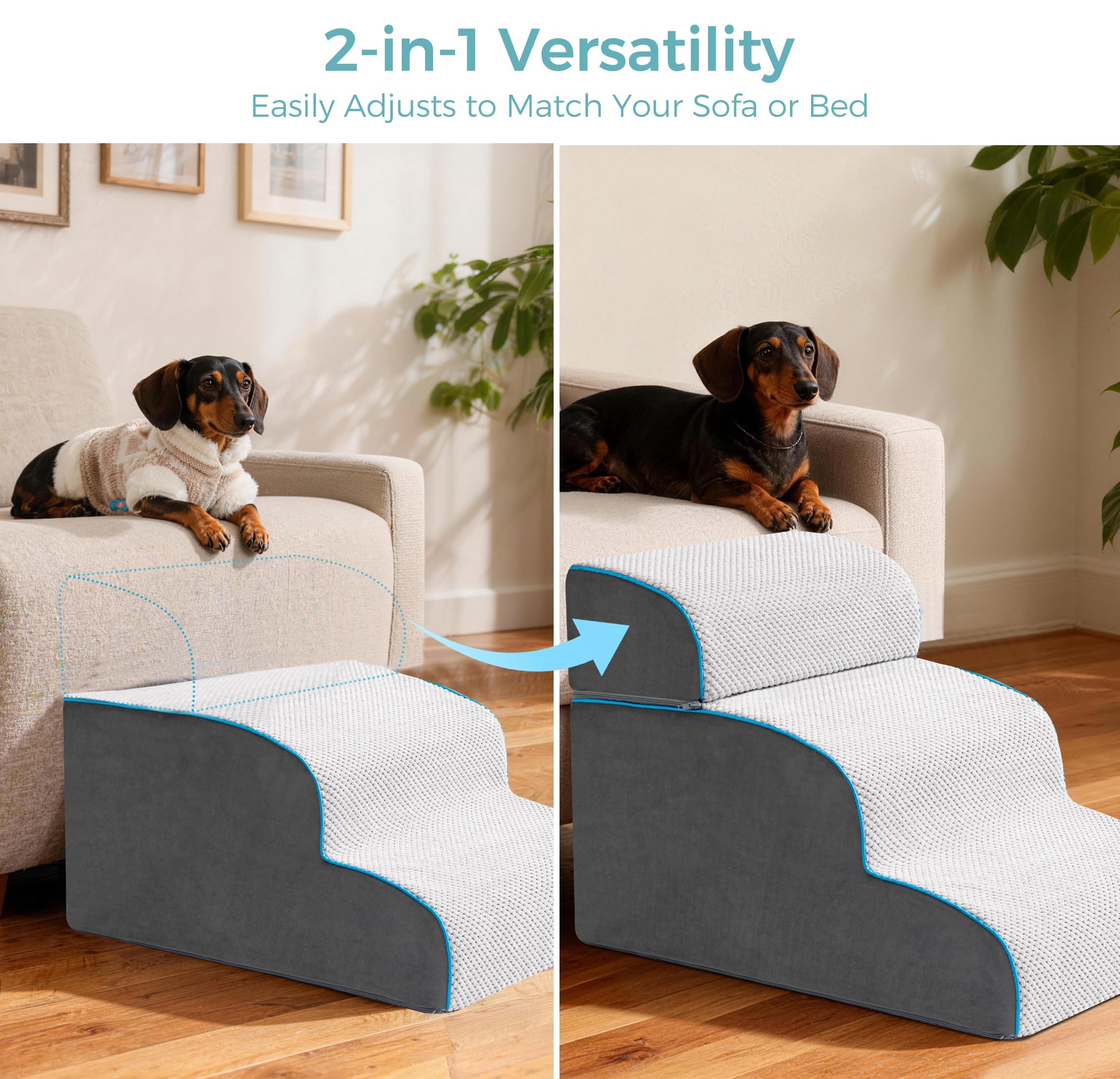 Escalier pour Chien Amovible 33-61cm, Rampe pour Lit Haut & Canapé, Mousse 40D Robuste, Antidérapant, Lavable, Rouleau Anti-Poils, Gris