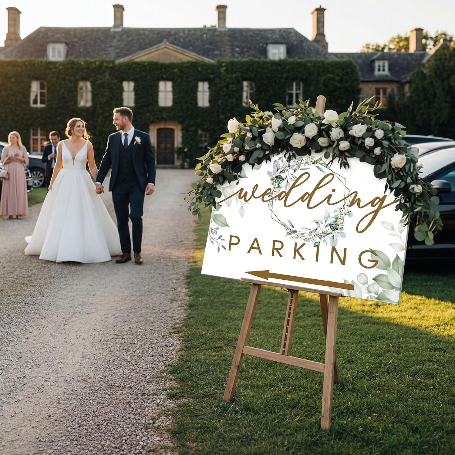 3 Packs Wedding Parking Signs 18"x24" Wedding Entrance Sign with H Stakes Plastic Double Sided Printed Arrows Waterproof Outdoor Directional Arrow Lawn Yard Signs Decorations