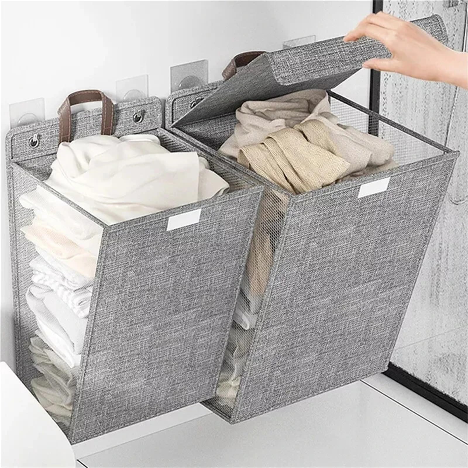 Sacco Per Bucato Sospeso Cesto portabiancheria adesivo pieghevole | Cesto multifunzionale for appendere i panni da appendere alla parete, senza perforazione(Beige M)