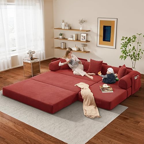 Modular L Shaped Sofa Bed with Cylindrical Pillow & Reversible Chaise, Corduroy Convertible Floor Boneless Sofa Couch Bed with Fixed-Shape Frame & Storage Pocket for Living Room, Ancora Red