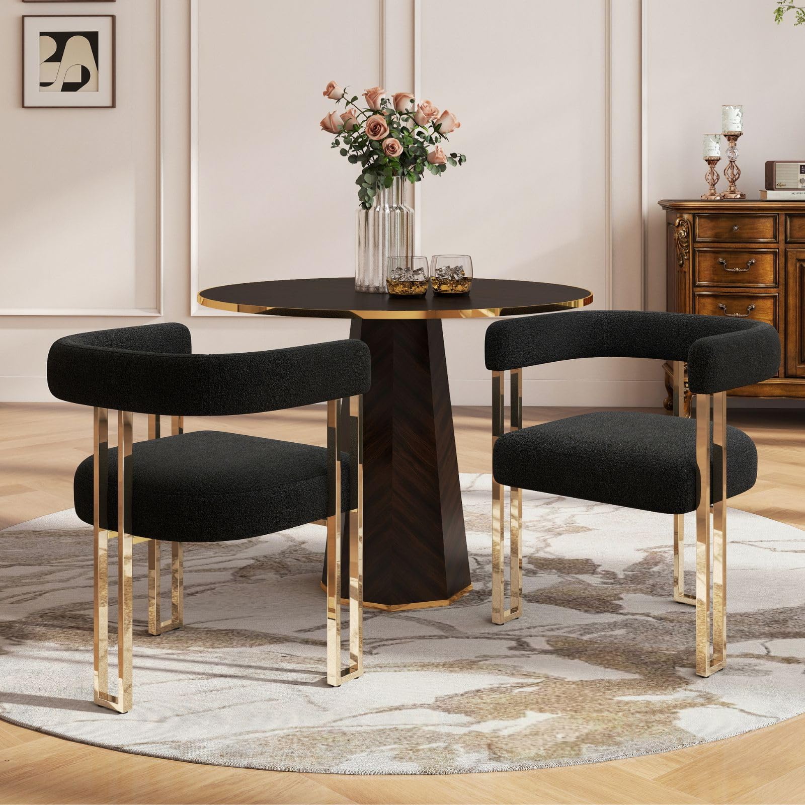 Hyfirm Set of 2 Modern Black Boucle Dining Chairs with Gold Metal Legs, Mid Century Accent Upholstered Barrel Armchairs with Open-Back for Kitchen,