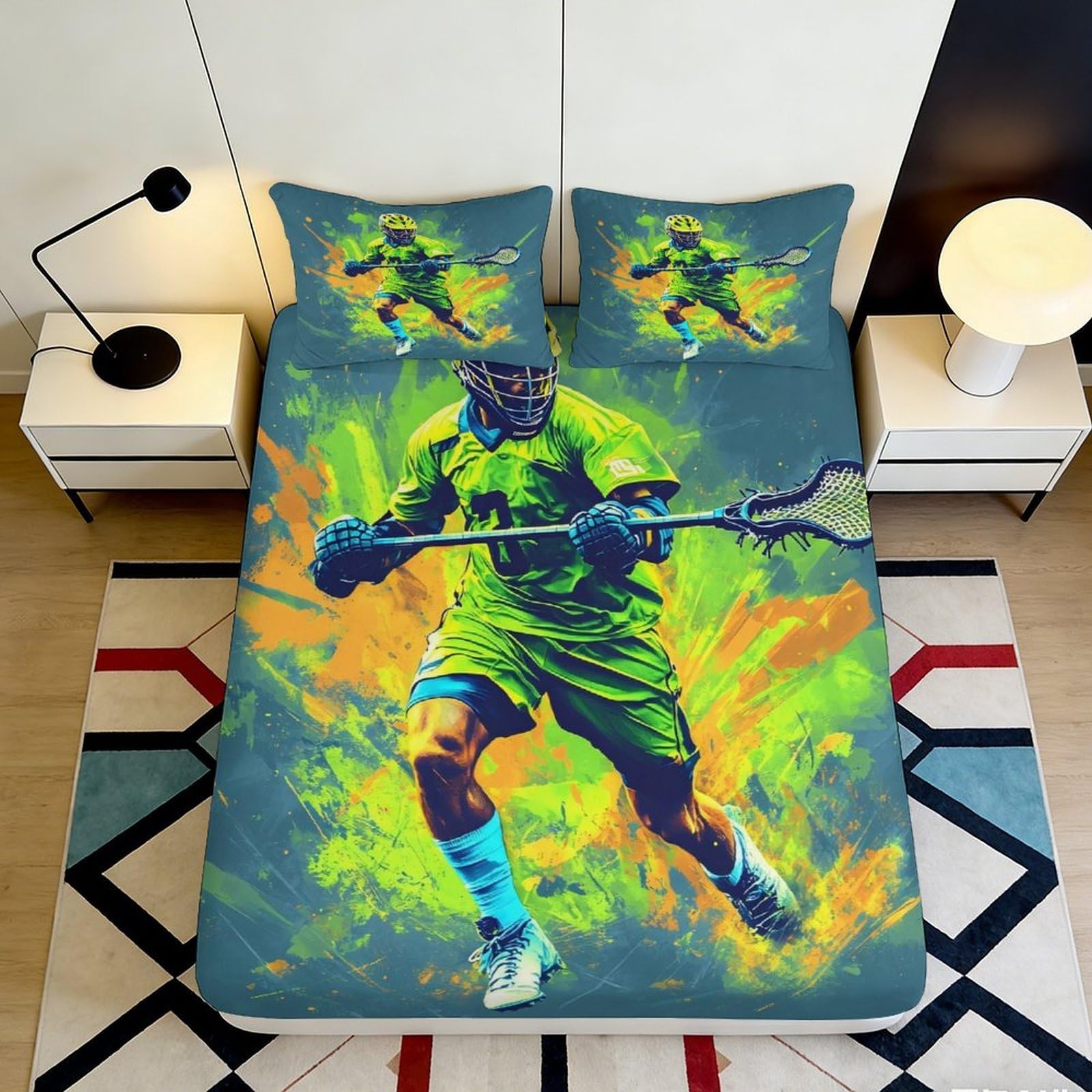Pnayamiorkfel Style-9 3D Printed Lacrosse Sports Fitted Sheet Microfiber Vibrant Green Athlete Bed Cover For Bedroom Guest Room Decor 90X200x25cm