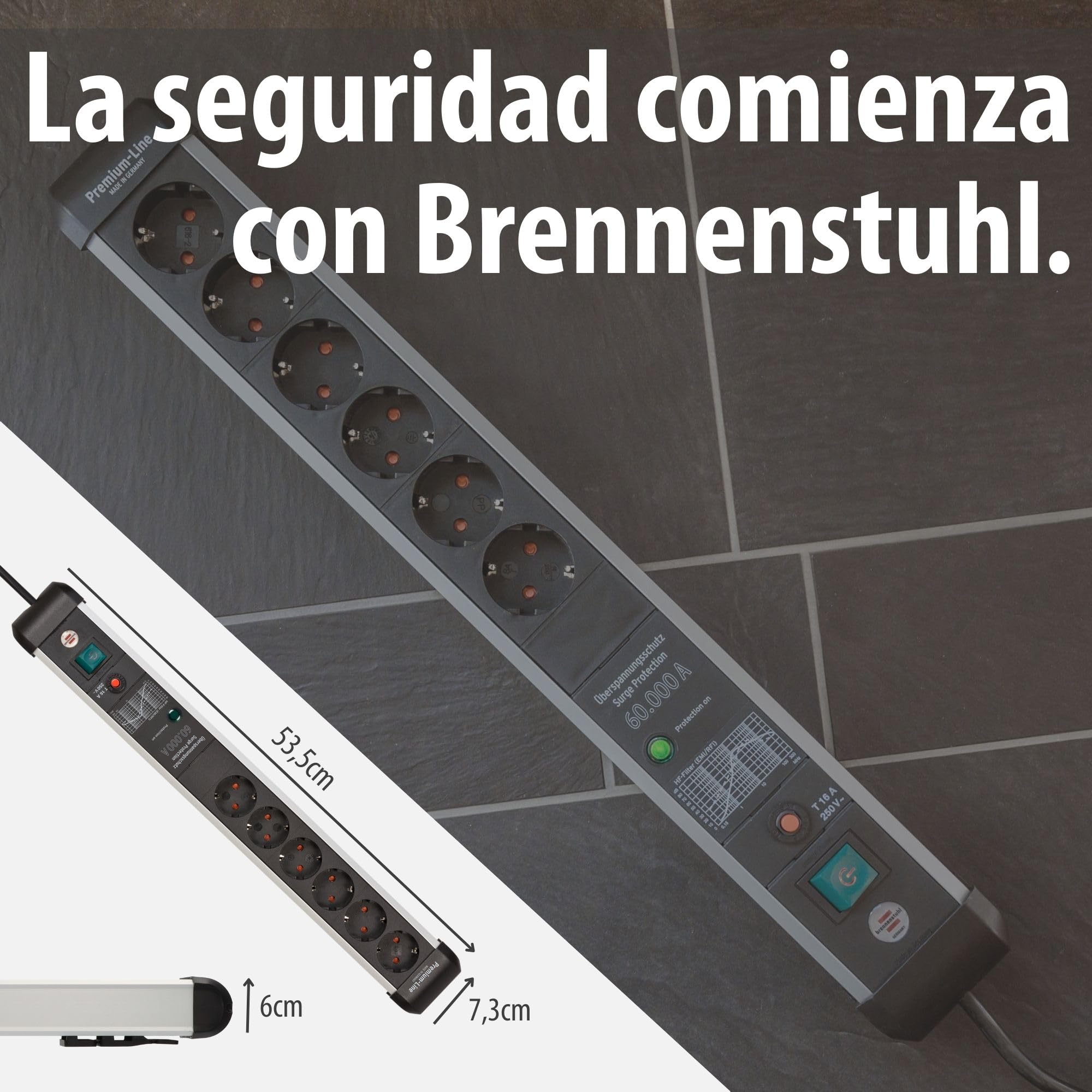 Brennenstuhl Premium-Protect-Line regleta enchufes de 6 Tomas con protección contra sobretensiones hasta 60.000 A (Cable de 5 m, Interruptor, Fabricado en Alemania) Plateado/Negro