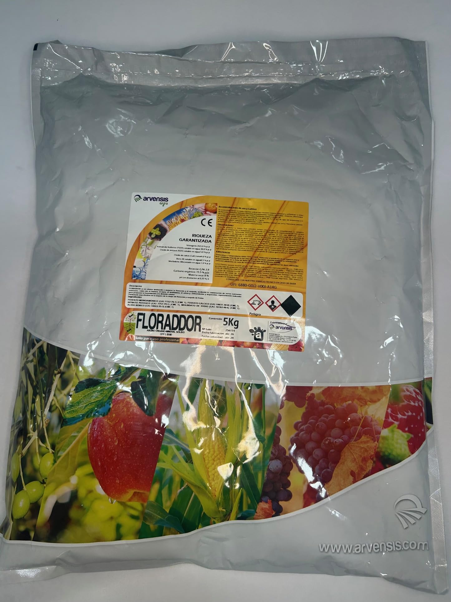 Arvensis Agro FLORADDOR, Abono Orgánico-Mineral Sólido para Floración y Cuajado, con Fósforo, Boro y Calcio, 5 kg