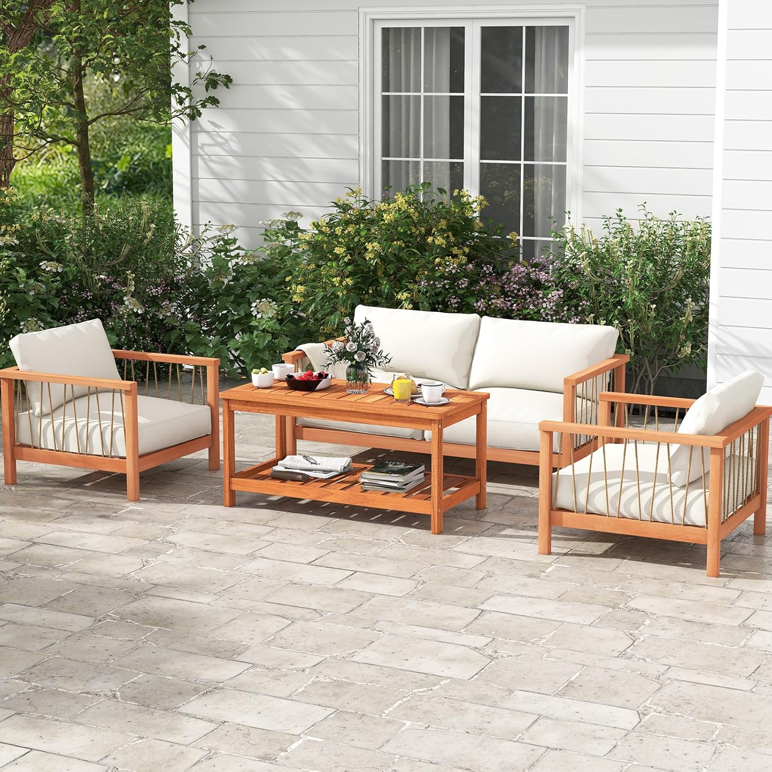 HAPPYGRILL Patio Coffee Table, Double-Tier Side Table with Solid Wood Structure, Slatted Tabletop & Shelf, Outdoor 2-Layer Rectangle Coffee Table for Backyard Porch Balcony