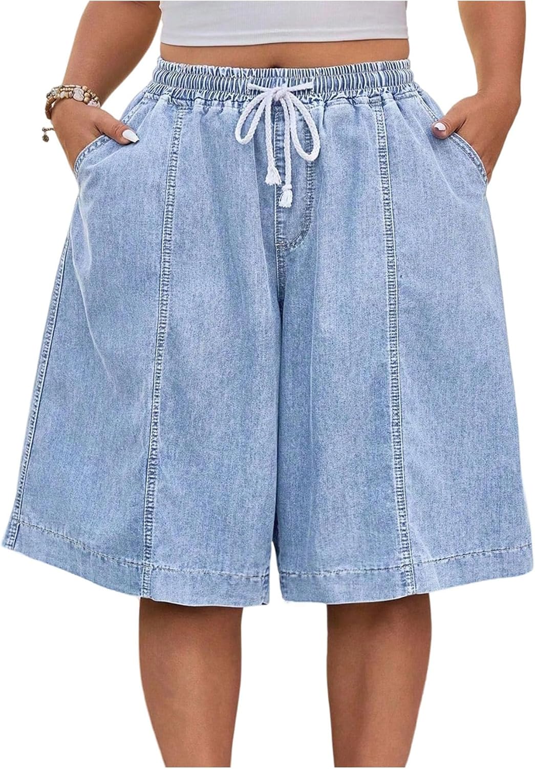 Verdusa Women's Plus Size Wide Leg Baggy Jean Shorts Streetwear Knee Length Shorts with Pockets
