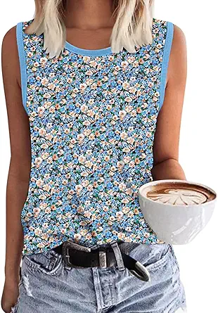 KISSMODA Womens Flora Print Tank Tops Ribbed Summer Shirt Sleeveless Summer Casual Women Blouses(S-3XL)