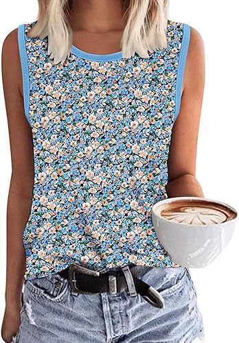 KISSMODA Womens Flora Print Tank Tops Ribbed Summer Shirt Sleeveless Summer Casual Women Blouses(S-3XL)