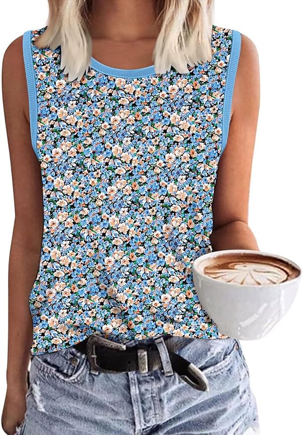 KISSMODA Womens Flora Print Tank Tops Ribbed Summer Shirt Sleeveless Summer Casual Women Blouses(S-3XL)