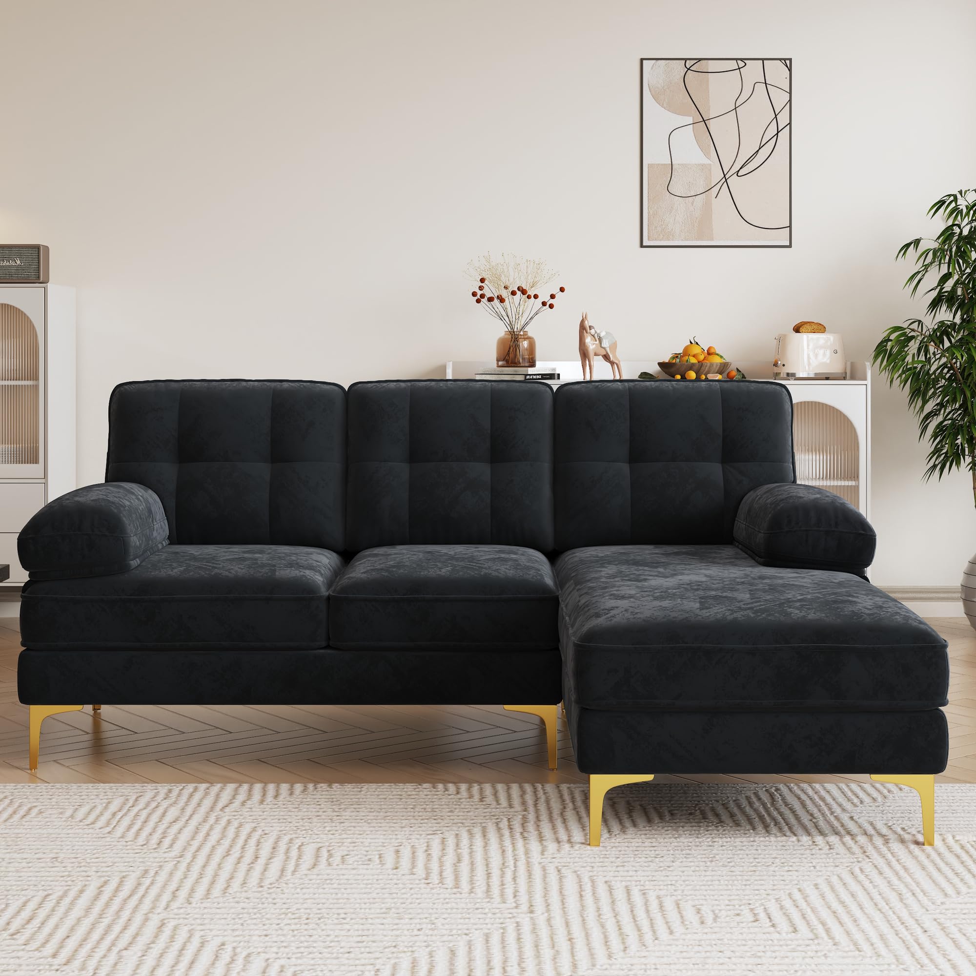 P PURLOVE Sectional Sofa, Velvet L-Shape Sofa with Chaise Lounge, Modern L-Shape Couch for Living Room, Small Spaces (Black)