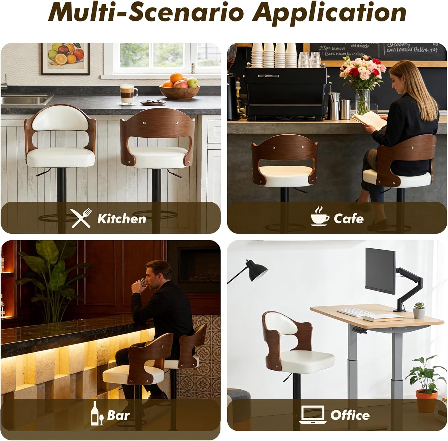 Bar Stools Set of 2, 360° Swivel Barstools with Solid Wood Back and Footrest, Leather Adjustable Counter Height Chairs for Kitchen, Bar, Dining Room (White)