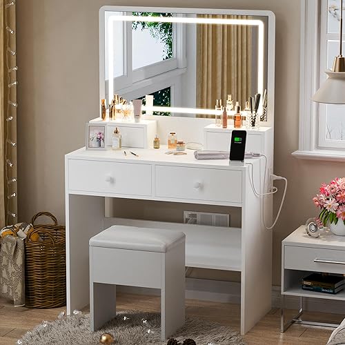 Haewon - Escritorio de tocador con espejo y luces, tocador de maquillaje con estación de carga y 3 modos de luz, juego de mesa de tocador con 4
