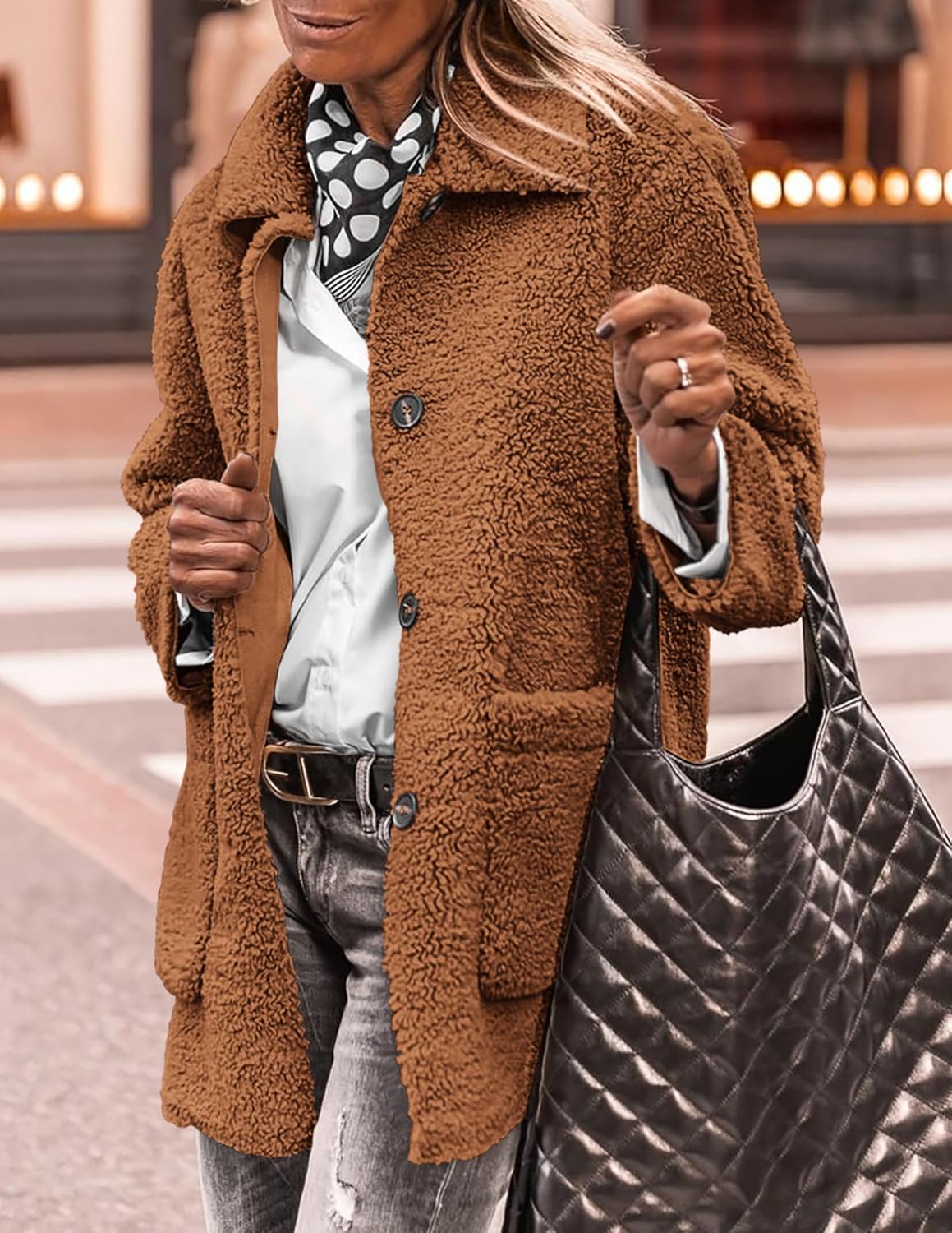 PRETTYGARDEN Women's Winter Faux Fur Coats Long Sleeve Lapel Button Down Pockets Fleece Sherpa Jacket Casual Trendy Outerwear - Image 5