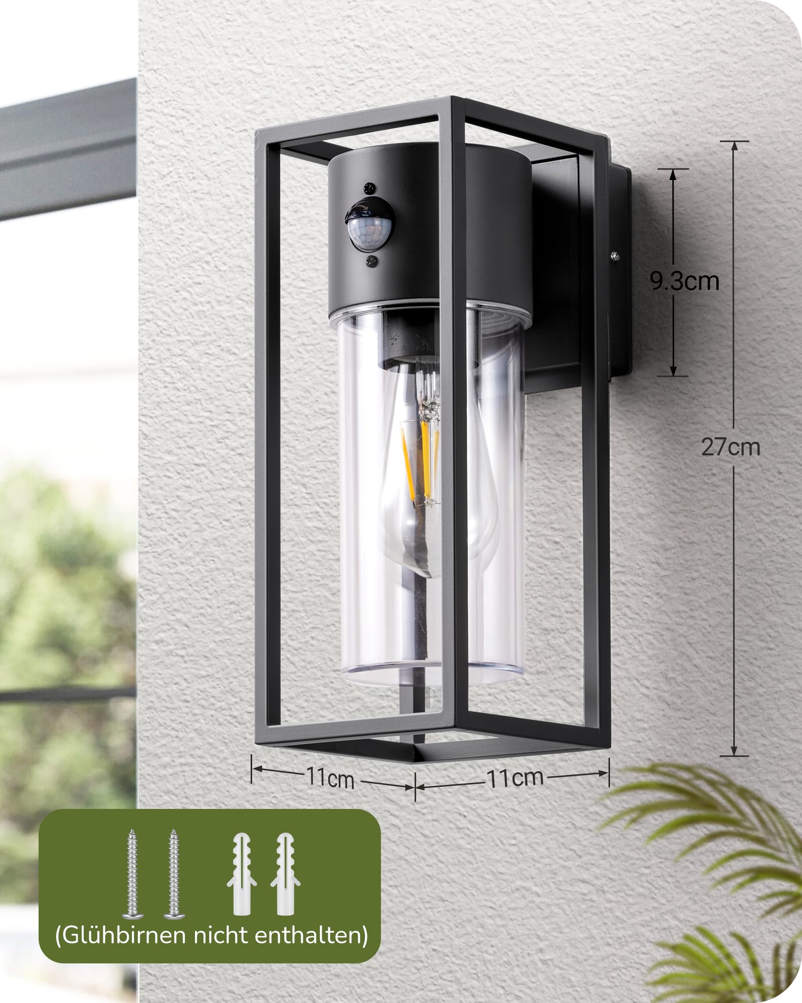 EDISHINE Zewnętrzna lampa ścienna z czujnikiem ruchu, gniazdo E27, wodoodporna IP44, lampa ścienna z aluminium i szkła hartowanego do ogrodu, balkonu, tarasu, frontu, żarówki nie są dołączone, czarna