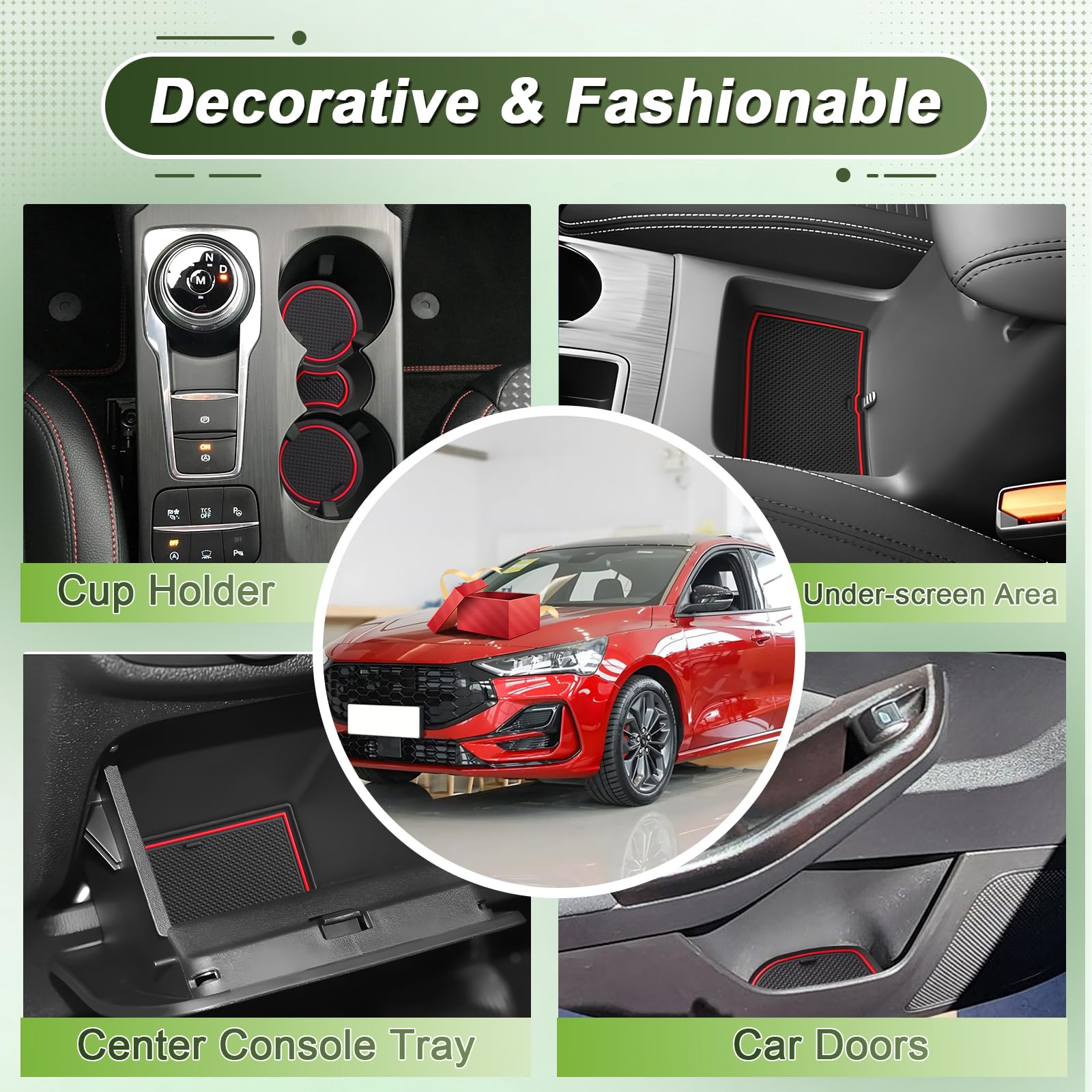 Tapis Antidérapants pour Ford Focus MK4.5 2022 2023 2024 2025 - Tapis en Caoutchouc Original pour Console Centrale, Porte-gobelets, Fente de Porte, pour Ford Focus St-Line, X (St-Line Rouge)