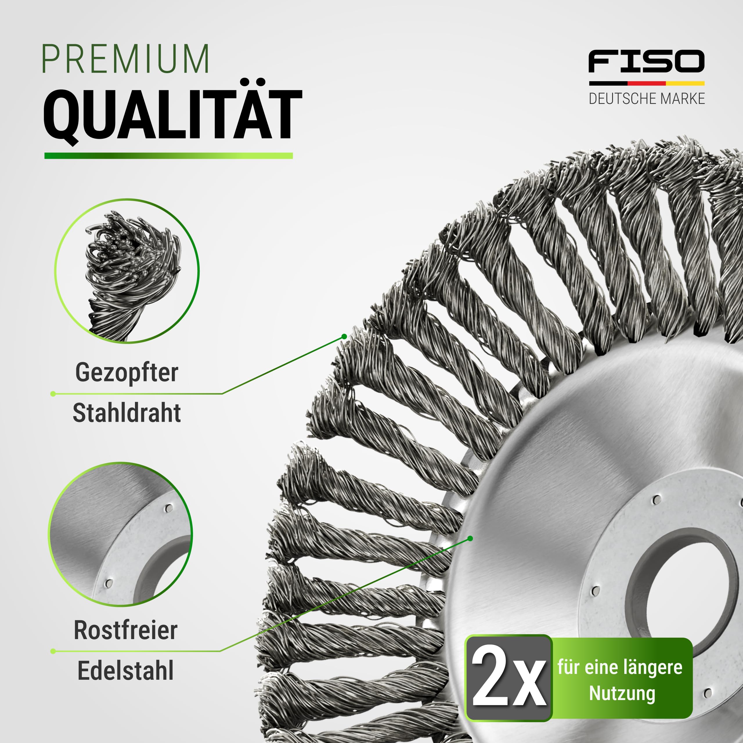 FISO® Profi Unkrautbürste - 2 Stück I Universal Wildkrautbürste für Motorsense - 25,4mm Bohrung & 20mm Adapter I Drahtbürste Freischneider für effektive Unkrautentfernung I Unkraut Bürste