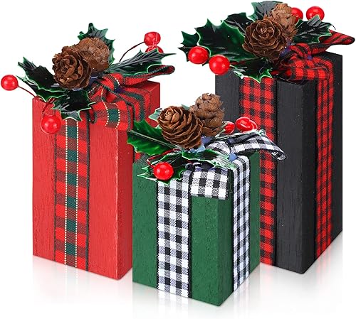 Miniatura 11 de Amyhill 3 piezas de regalos de Navidad en madera Caja de decoración de tartán de Navidad Centros de mesa de regalos de madera rústica Bandeja