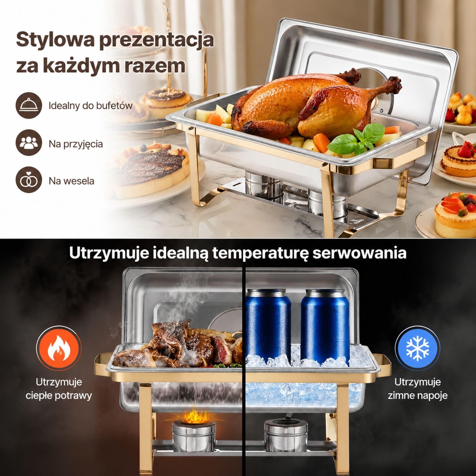 Zestaw podgrzewaczy do żywności ze stali nierdzewnej, 4 prostokątne pojemniki po 7,5 l, złoty kolor, pokrywki z okienkiem, podstawka wodna i uchwyty na paliwo do bufetu