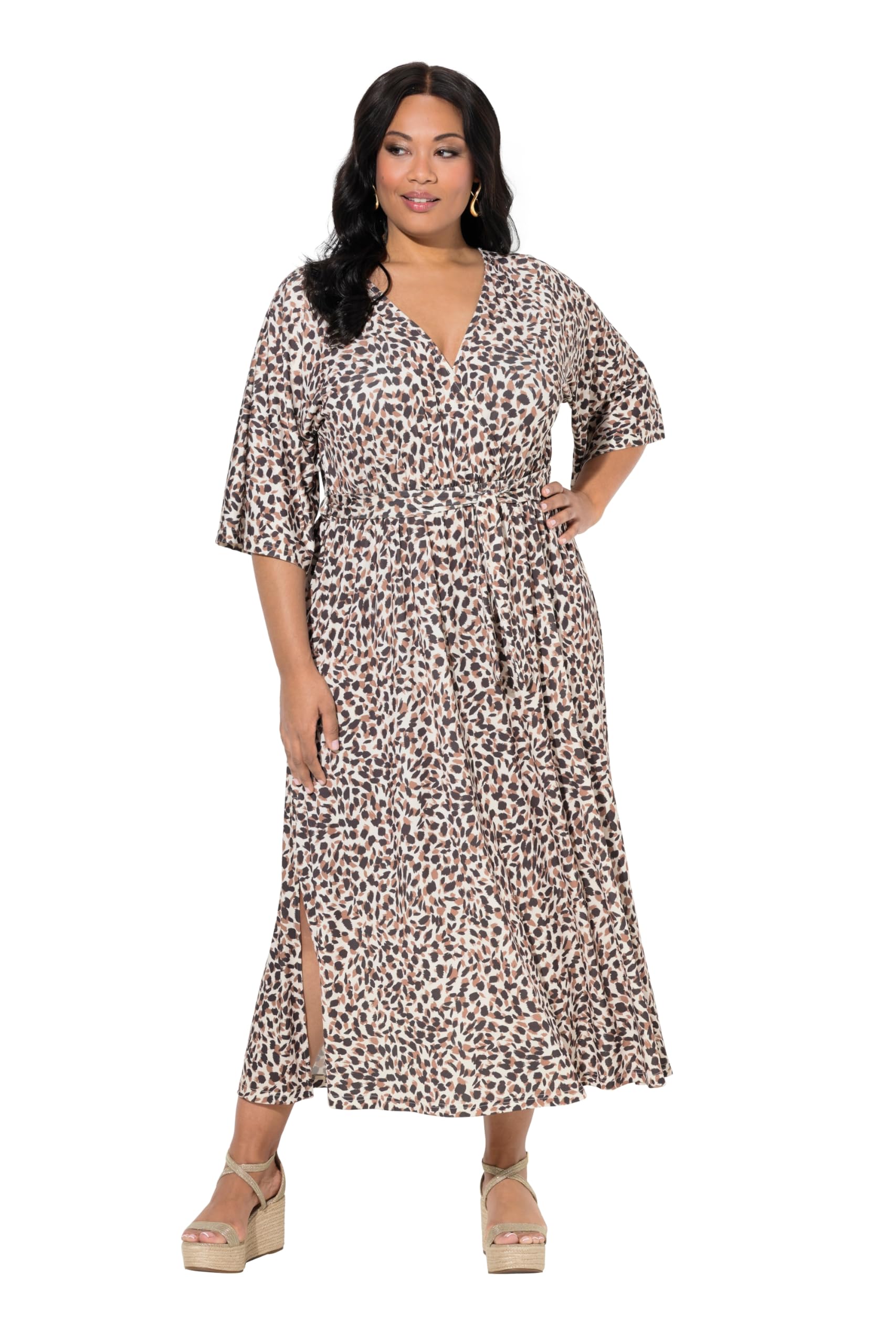 Ulla Popken Damen große Größen Übergrößen Plus Size Maxikleid, Leomuster, V-Ausschnitt, 3/4-Kimonoärmel 850033