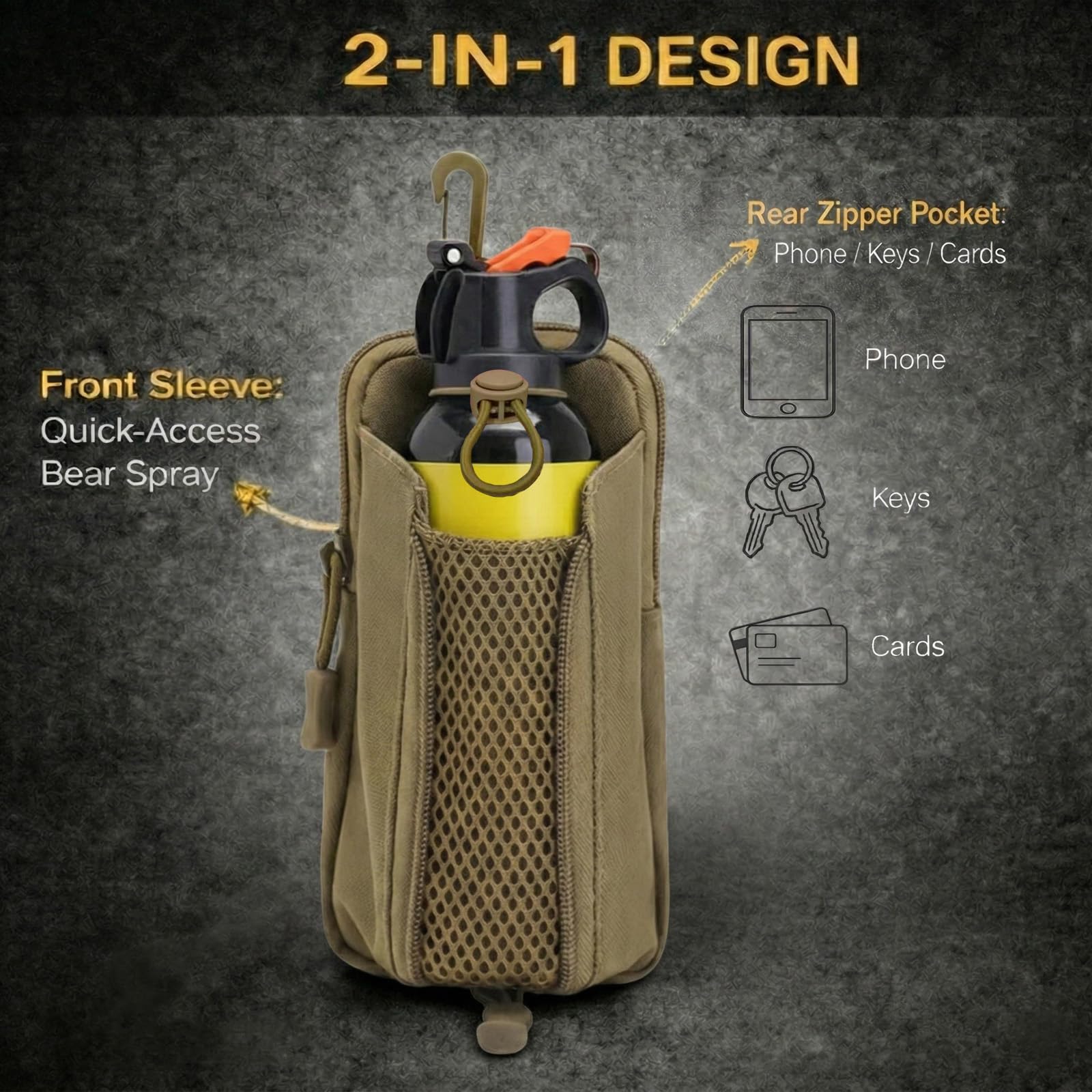2-in-1 Bear Spray Holster with Zipper Phone Pocket, Fits 7.9-9.2oz Canisters, Nylon Bear Spray Holder for Belt & Backpack, Strong Elastic Tactical Gear for Hiking Camping Hunting - 2