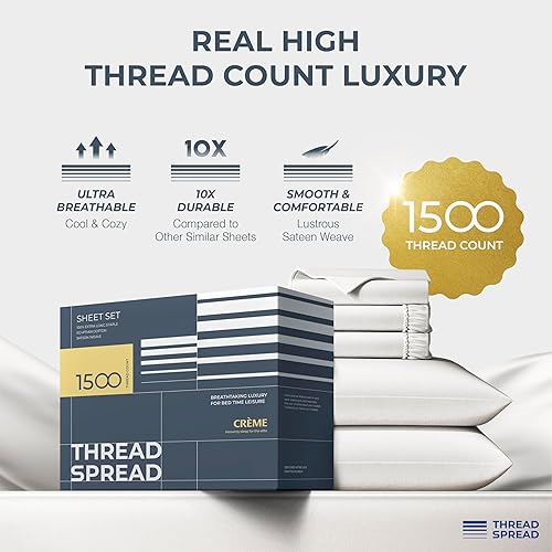 Miniatura 112 de THREAD SPREAD Sábanas 100% de algodón egipcio, tamaño Queen, 1500 hilos, 4 piezas, algodón egipcio, sábanas de lujo de tejido satinado, sábanas