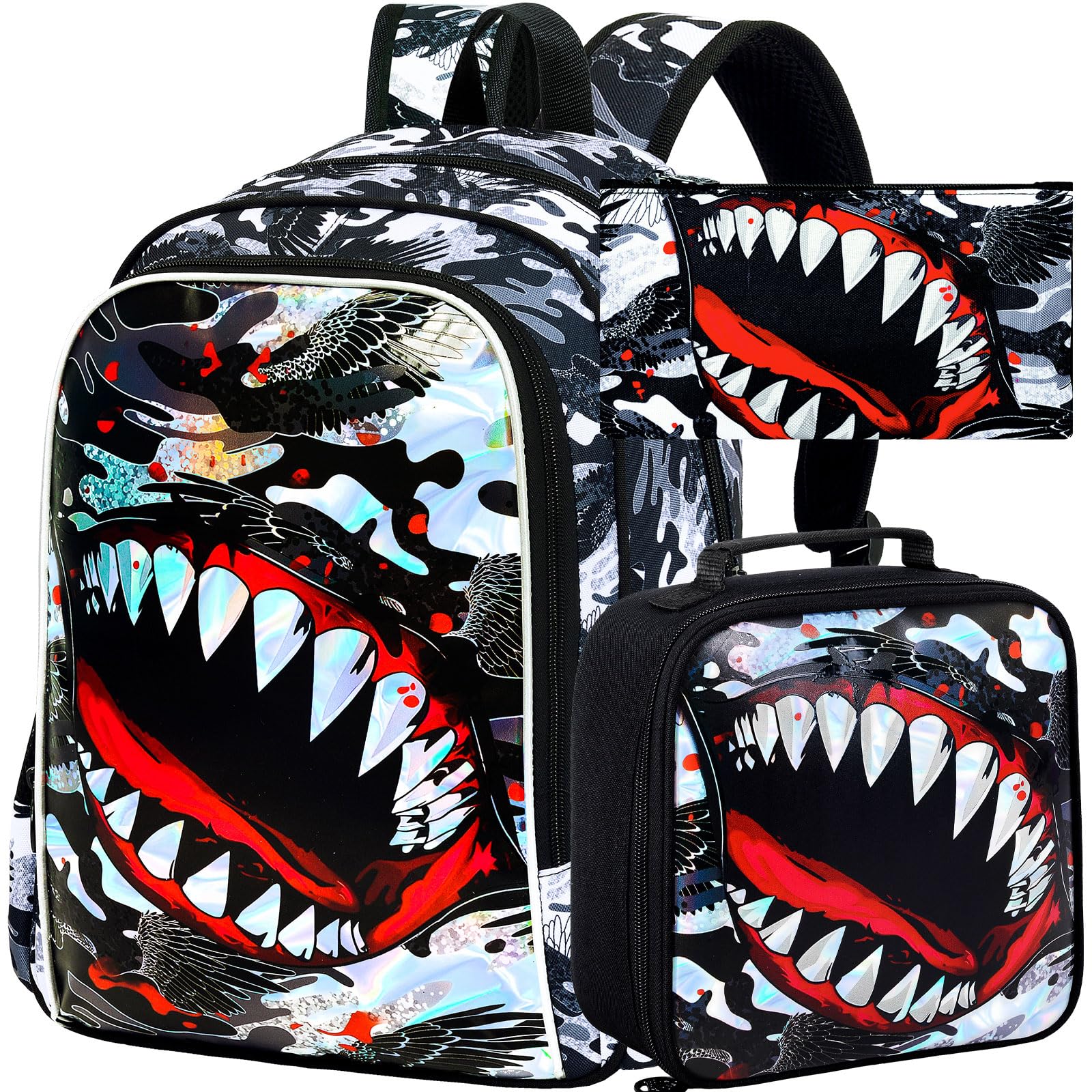 FTJCF 3Pcs Backpack for Boys, 16" Shark Kids Bookbag with Lunch Box, School Backpacks for Elementary Preschool Kindergarten (Black)