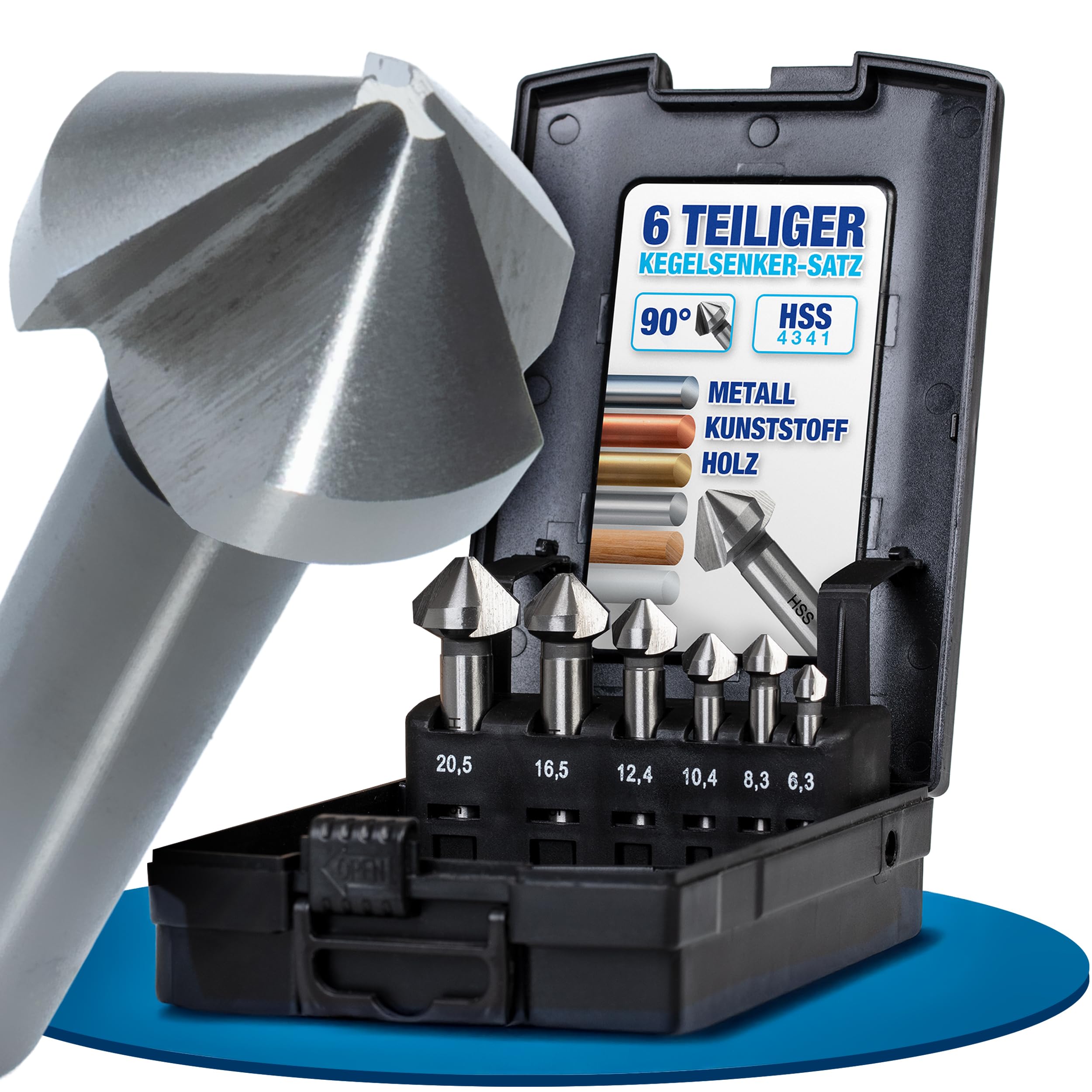 NTG Juego de avellanadores cónicos, 6,3-20,5 mm, 6 piezas, avellanador cónico 90°, acero HSS, avellanador y desbarbador para madera, metal y plástico, incluye caja de almacenamiento, trabajo preciso y