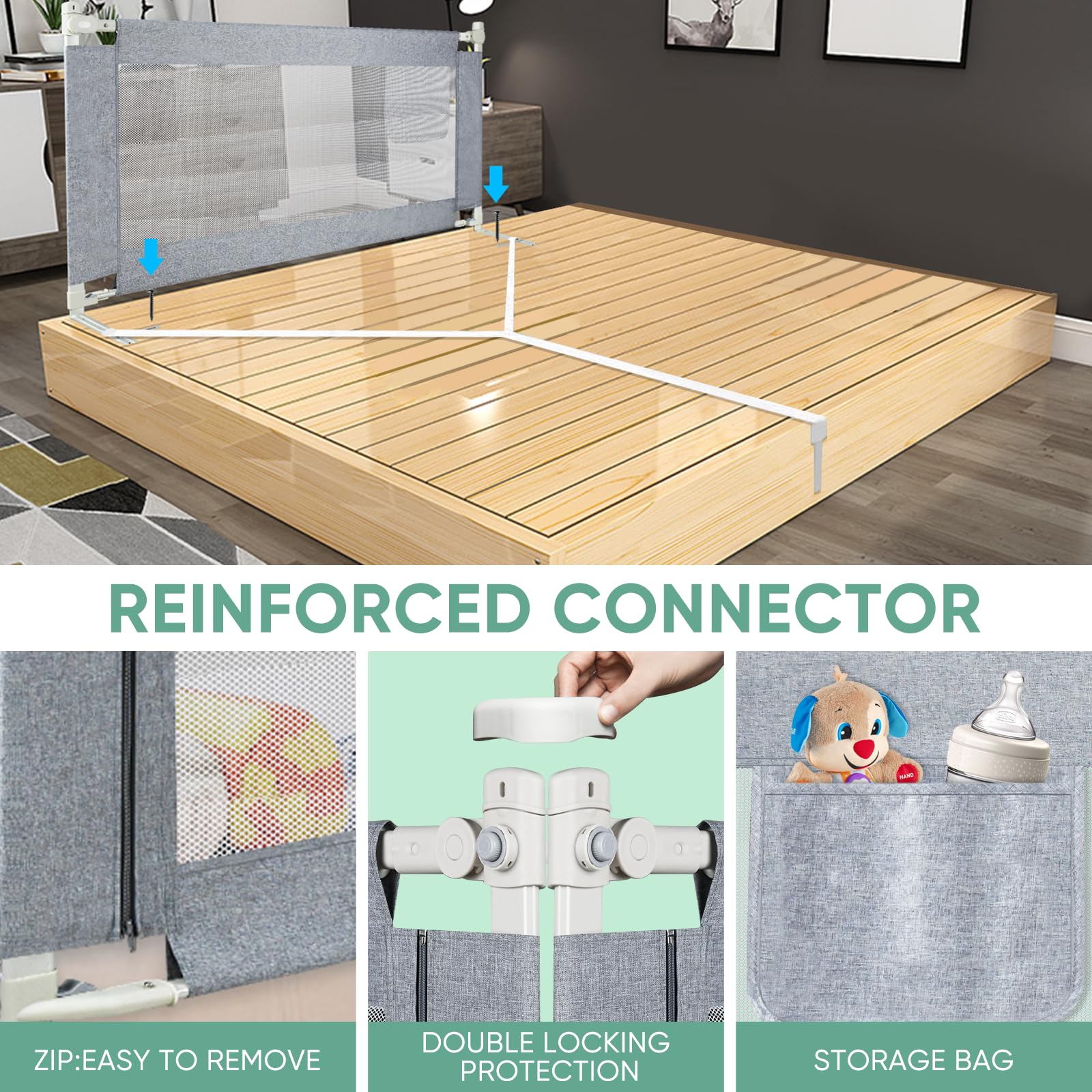 Sponda Letto Anticaduta Per Bambini 150cm - Barriera Di Sicurezza Con Doppio Blocco, Rete Traspirante E Altezza Regolabile - Foto 10