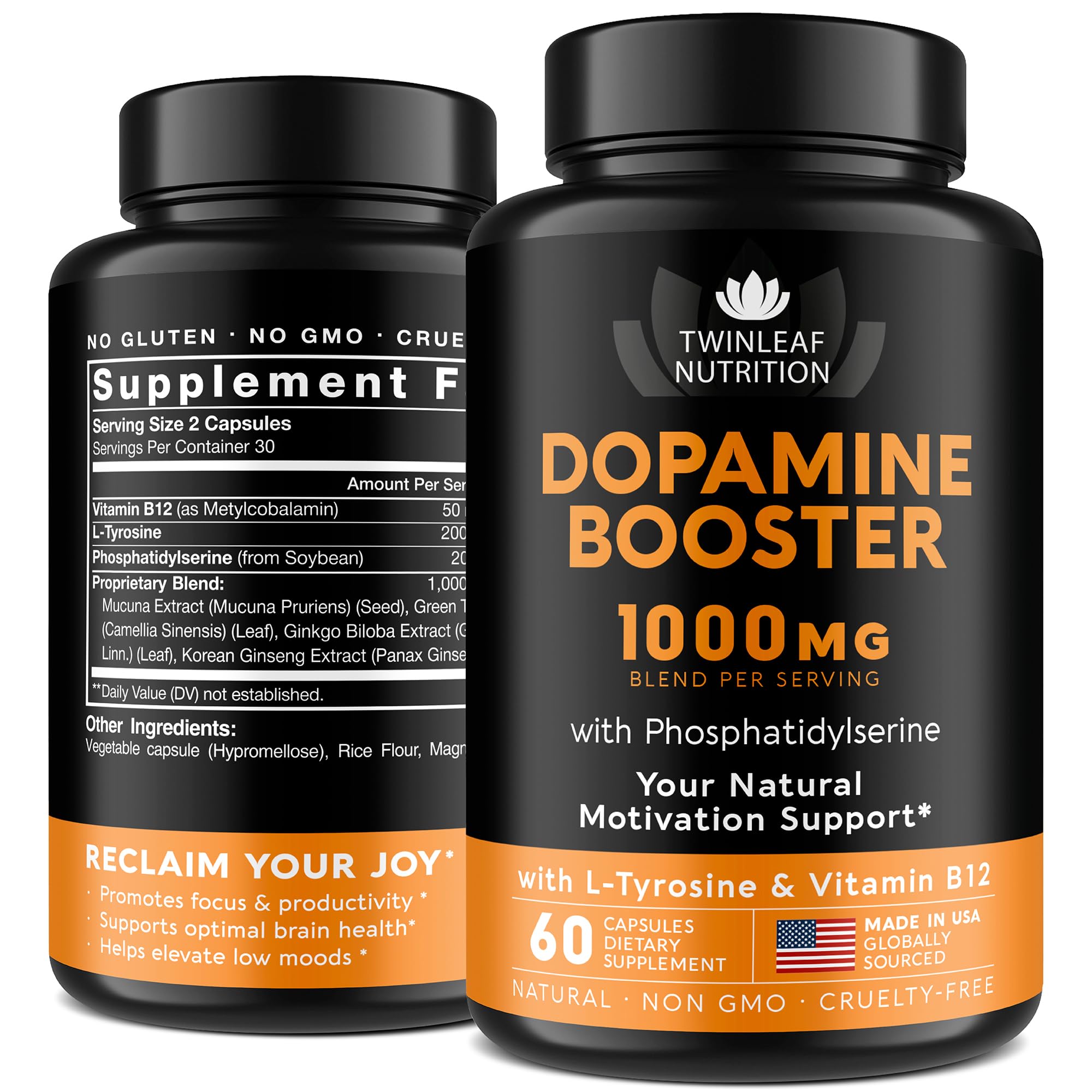 TWINLEAF Dopamine Brain Food Natural Supplement, 1000 mg Blend - Made in USA - Vitamin B 12, L-Tyrosine to Increase Motivation - Boost Your Mental Drive - 90 caps