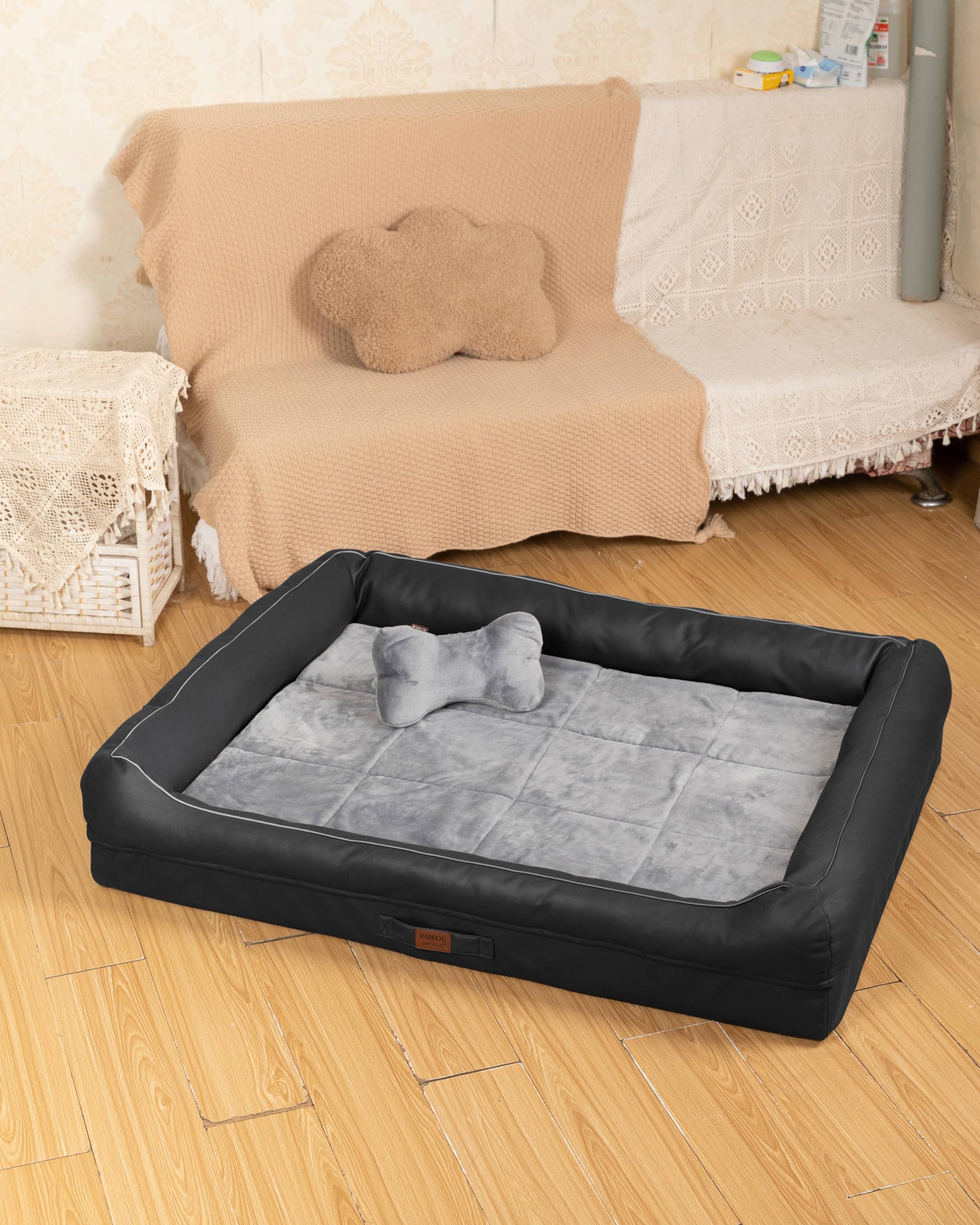 RAIKOU Matelas Orthopédique Chien,Canapé pour Chien,Lit en Mousse pour Chien,Coussin Chien Mémoire de Forme,Panier Chien Dehoussable,Lit pour Chien&Chat Lavable et Antidérapant(Noir,100x80x9cm)