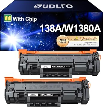 SUDLTO 138A W1380A Black Toner Cartridge with Chip - W1380A 138X | Replacement for HP 138A W1380X Toner Cartridge Work for HP Pro 3001dw 3001fdw MFP 3101fdw Series Printer Ink  2-Pack