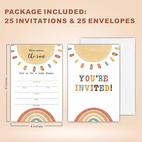 Miniatura 2 de Sun & Rainbow - Kit de invitación para baby shower, juego de rifas de pañales, juego de 25 invitaciones con sobres, boletos para rifas de pañales,