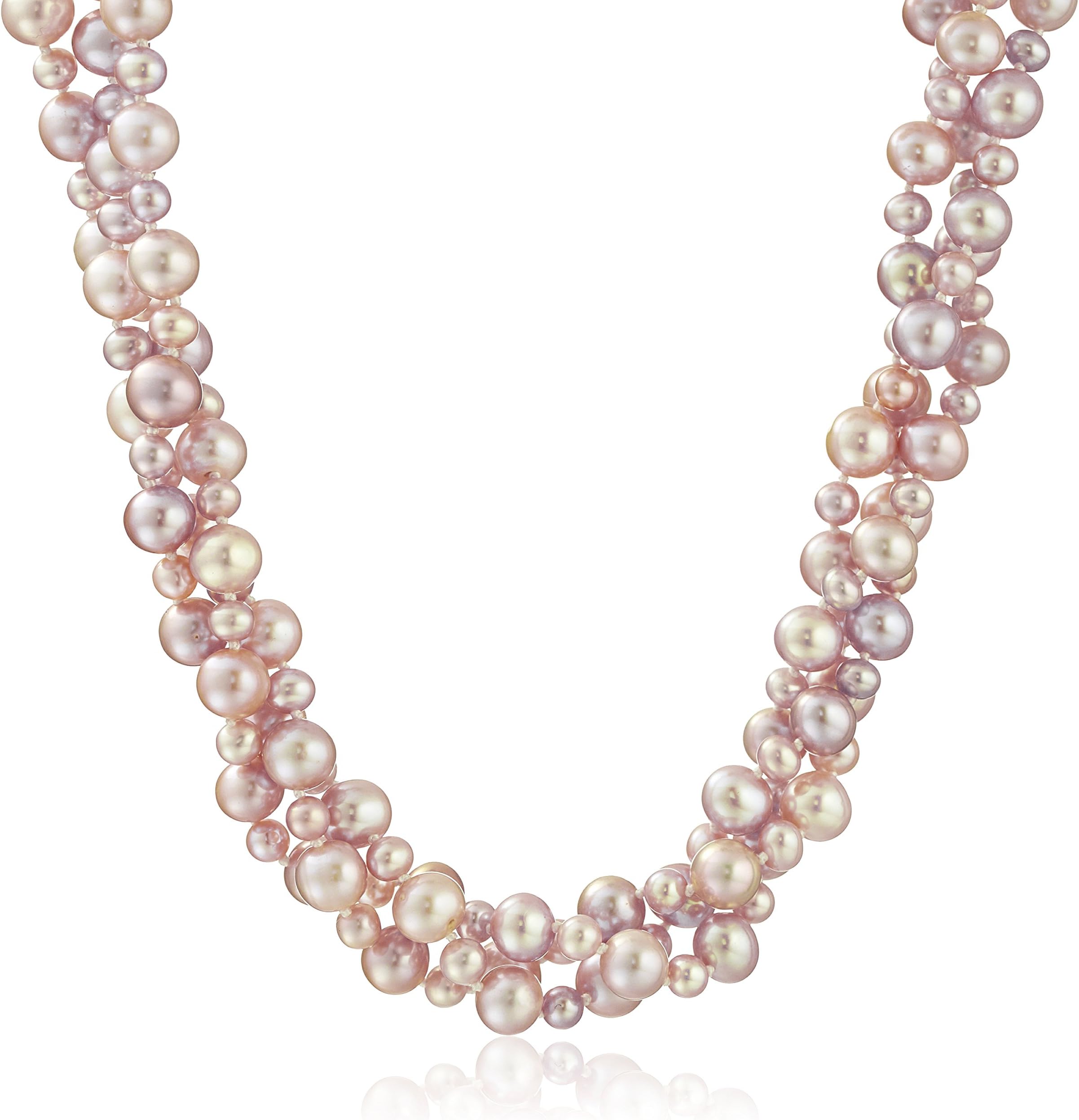 Amazon Collection Sterling Silver 4-8mm Pink High Luster Twisted 3 Rows Cultured Freshwater Pearl Strand Necklace, 18"