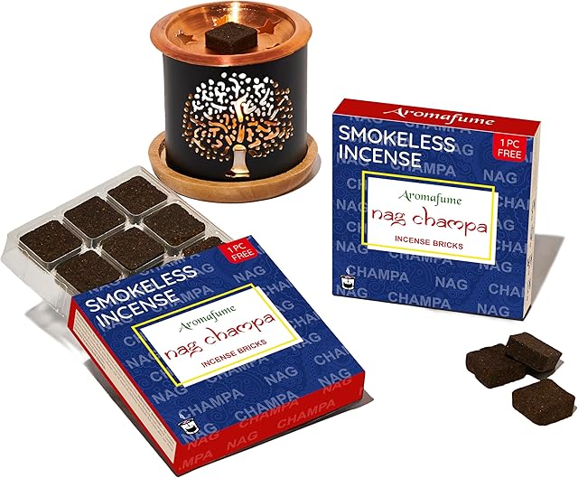 Nag Champa Incense Bricks (2 x 9 Bricks) & Tree of Life Exotic Incense Burner by Aromafume | Made with Sandalwood, Jasmine, Ylang Ylang & Champa flower | Natural, Low Smoke, Non toxic Incense Bricks