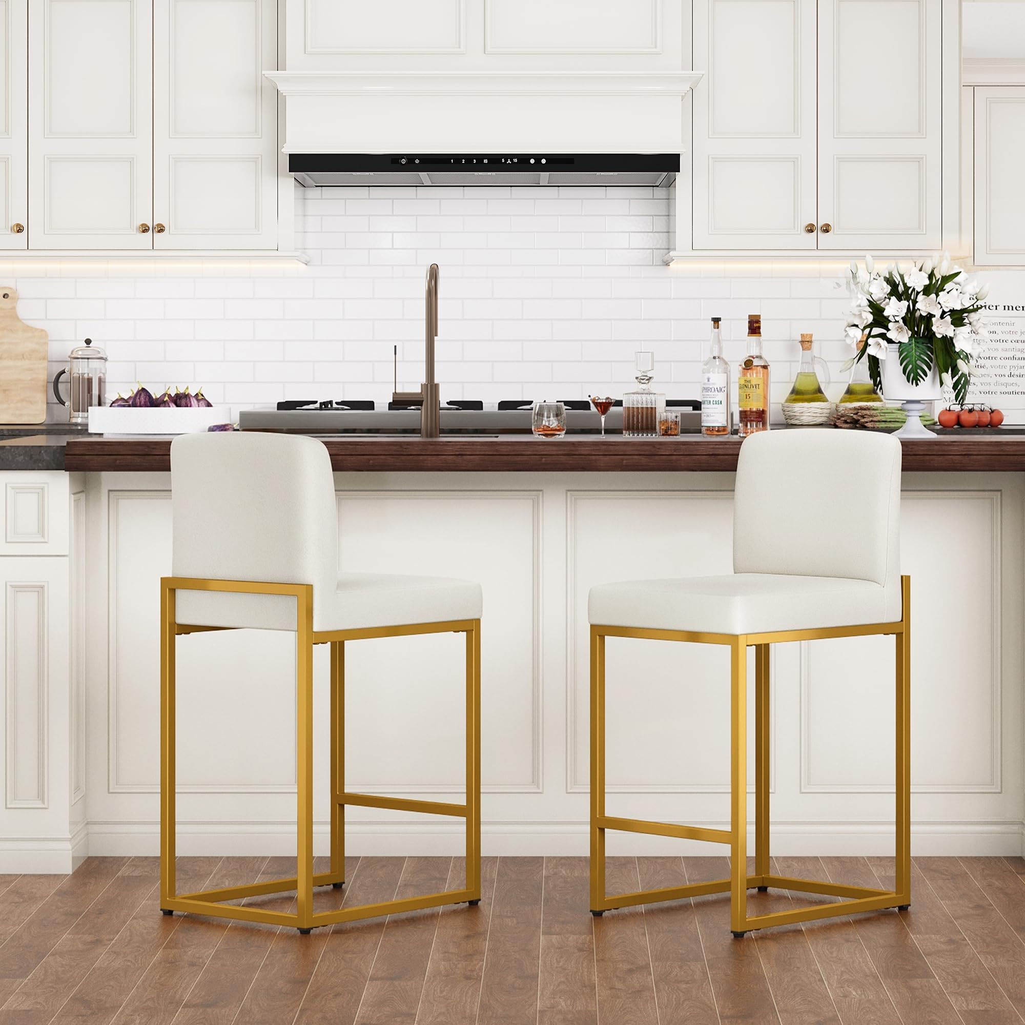 PHI VILLA Bar Stools Set of 2 - Bar Stools with Back Leather Stools for Kitchen Counter, White and Gold Counter Height Bar Stool