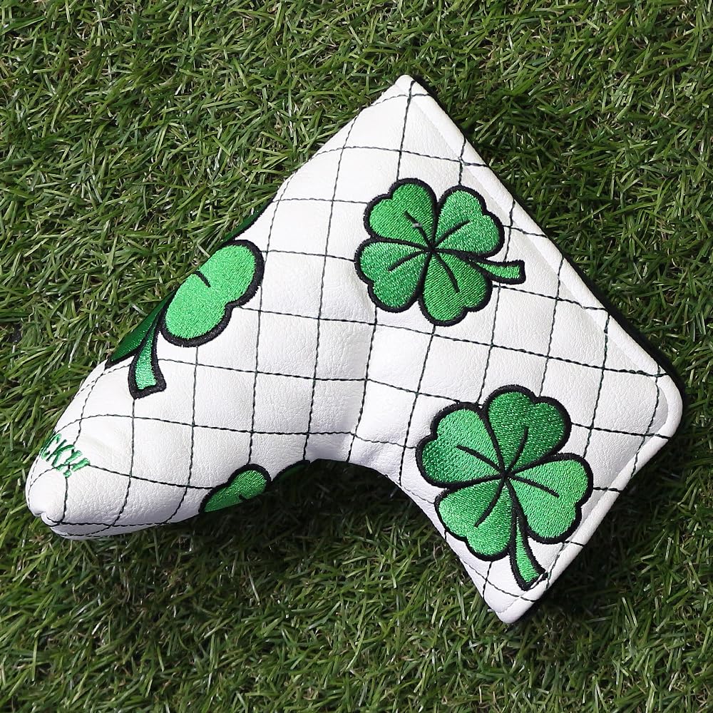 PINMEI Golf Head Covers Blade Putter Cover Blade Headcover Magnetic Embroidered Four-Leaf Clover Design Synthetic Lether Fit for Titleist Callaway Ping Taylormade Cobra Ect. (White Good Luck Blade)