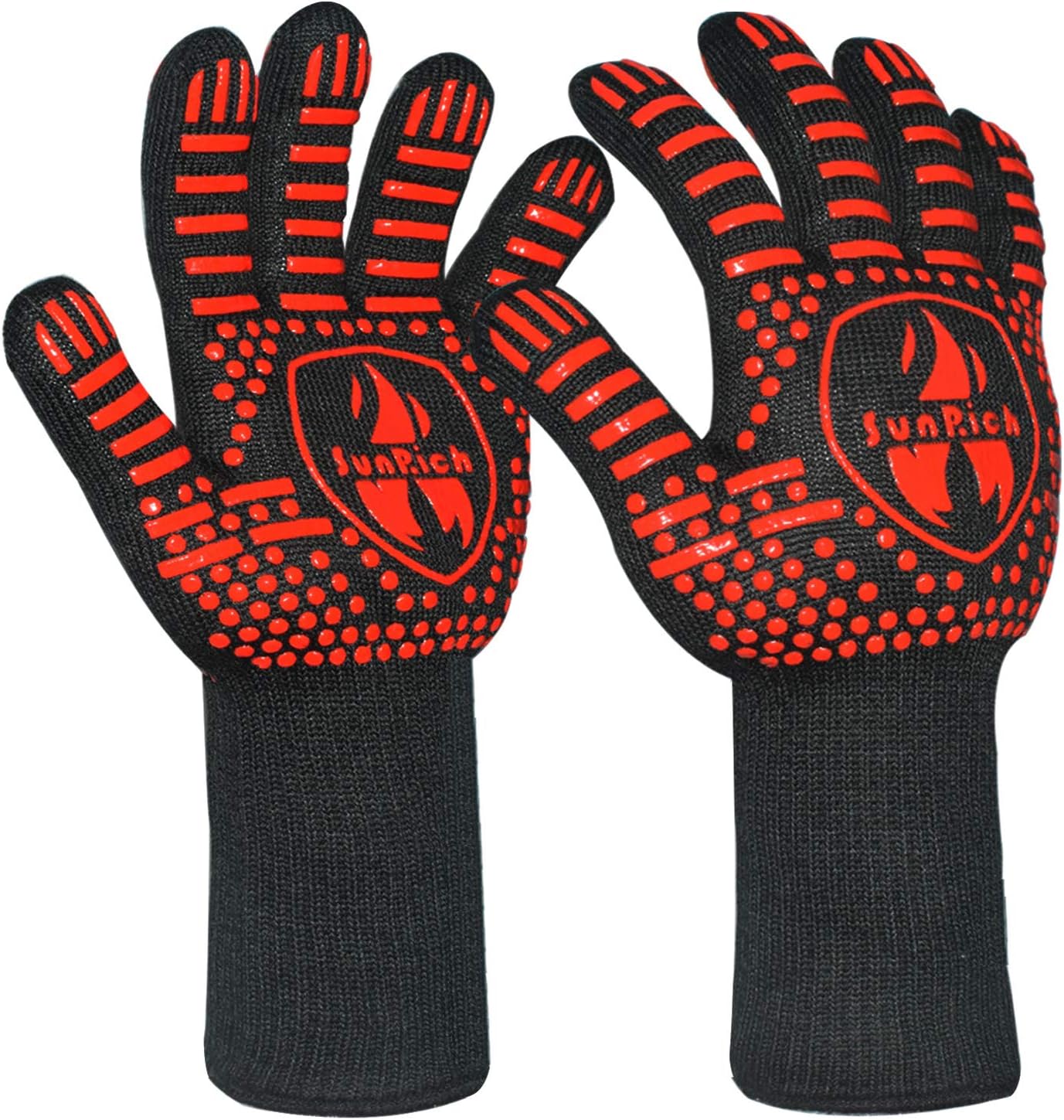 BBQ Grill Gloves 1472℉ Heat Resistant Barbecue Grilling Gloves Kitchen Oven Mitts Silicone Non-Slip Cooking Gloves for Cooking/Baking/Welding/Cutting, 14 Inch by Sunrich (Red)