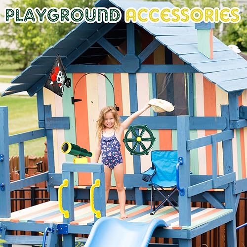 Miniatura 5 de Junkin 5 piezas de equipo de parque infantil, volante pirata, telescopio pirata, asas de seguridad, banderas piratas para patio al aire libre, juego