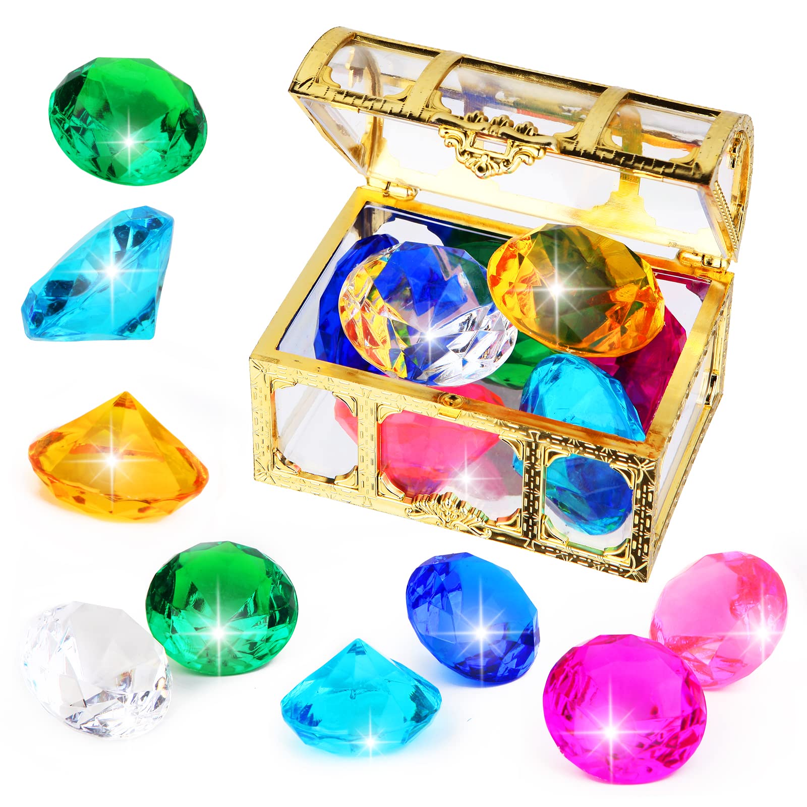 Manmel Diving Gem Pool Toy 7PCS Big Colorful Diamonds Set with Treasure Pirate Box, Summer Swimming Gem Diving Toys for Kids Toddlers, Underwater Dive Gemstone Toy Party Decoration(7pcs Large)