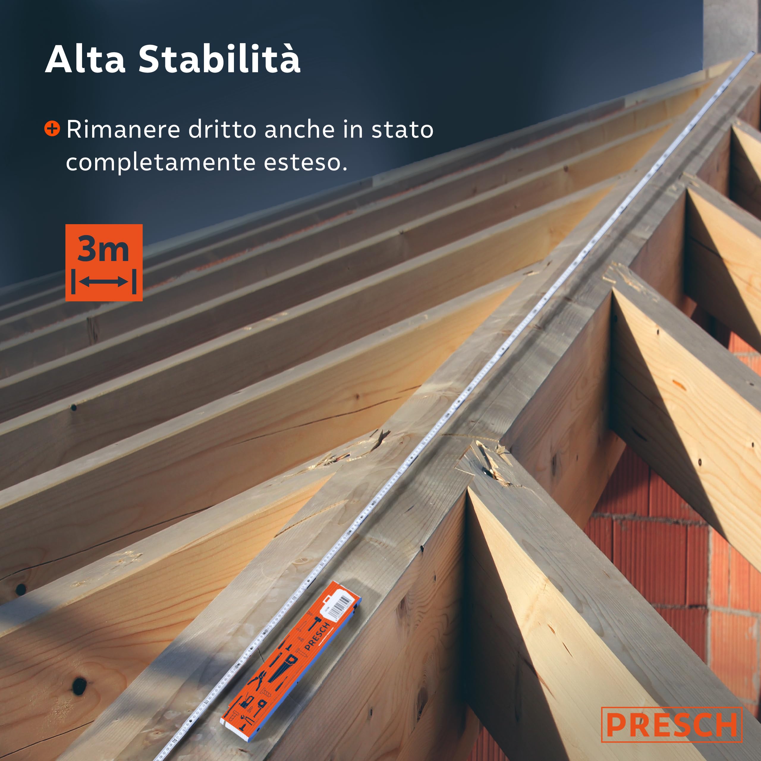 Presch Metro Pieghevole da 3 Metri con Scala degli Angoli - Legno Arancione - Numeri Grandi - Metro Righello con Motivo Strumenti