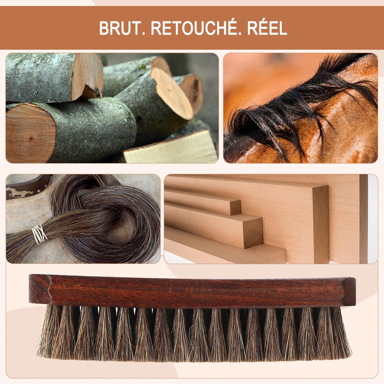 Brosse Chaussures CRIN de Cheval Naturel Entretien Cuir Polissage Lustrage pour Botte Basket Daim Canapé Meuble Intérieur Voiture Manche Bois de Hêtre Kit Nettoyage Professionnel Accessoire Brillance