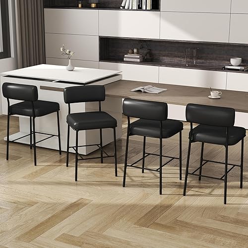 Vista 10 de Juego de 3 taburetes de bar de altura de mostrador de 26 pulgadas, taburetes de bar tapizados con respaldo, cuero sintético negro, sillas de altura