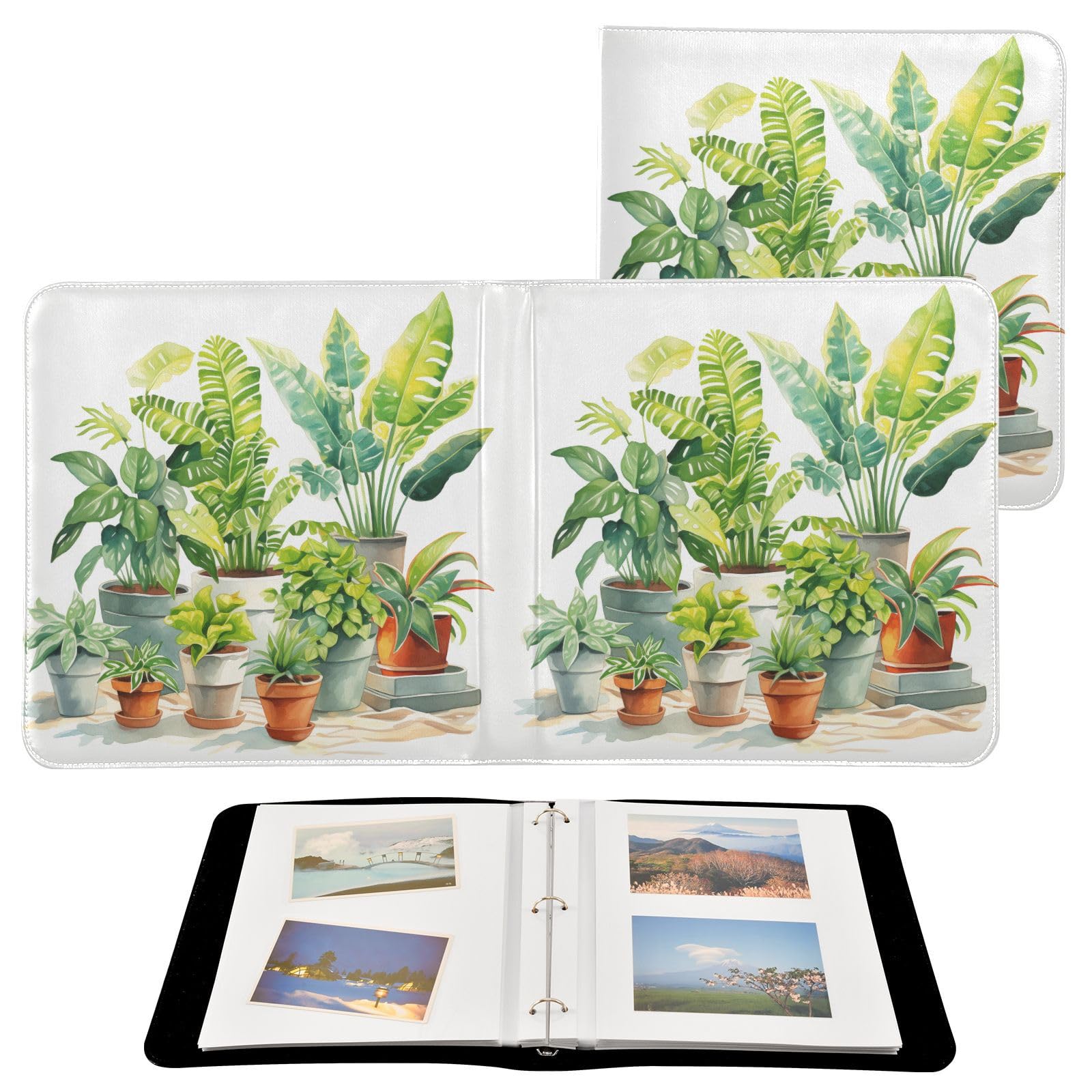 JIPONI Indoor Potted Plants Handdraw Large Photo Album, DIY Leather Cover Scrapbook Albums for 4x6 5x7 6x8 Pictures, Self Adhesive Memory Book for Wedding, Baby, Family